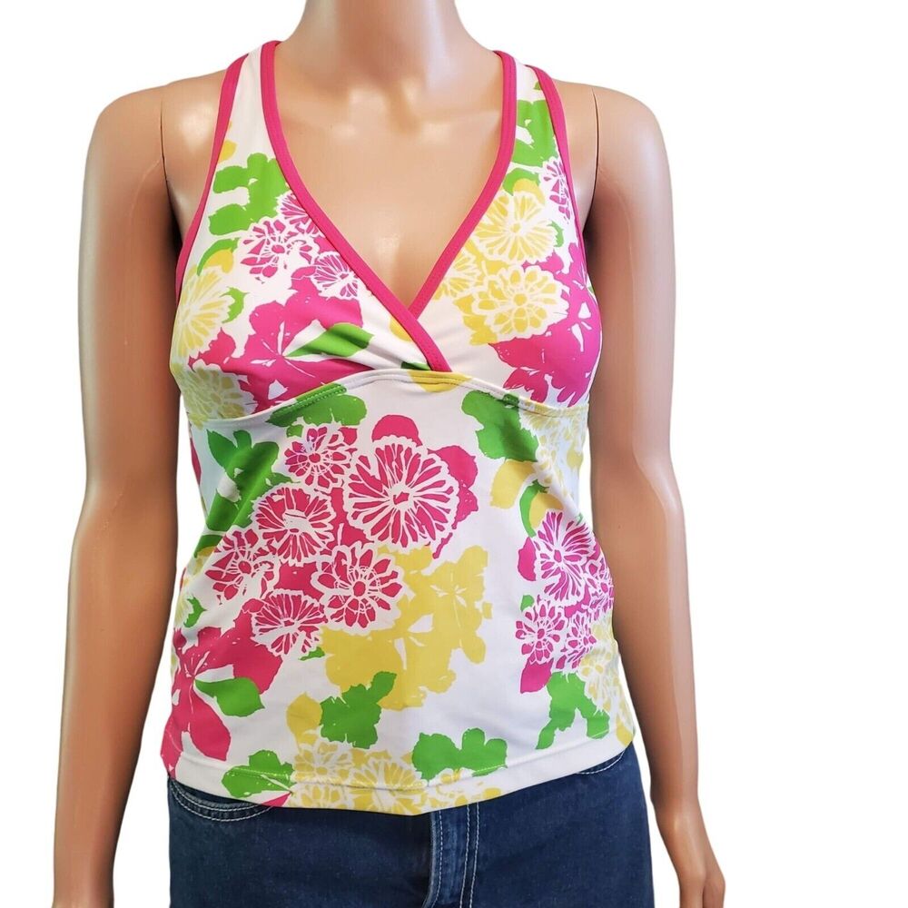 Athleta Size XS racerback athletic yoga tank floral pink yellow white
